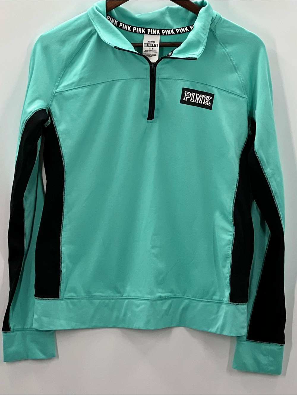 420 PINK Large Victoria's Secret Mint Half-Zip Pullover with Black Panels